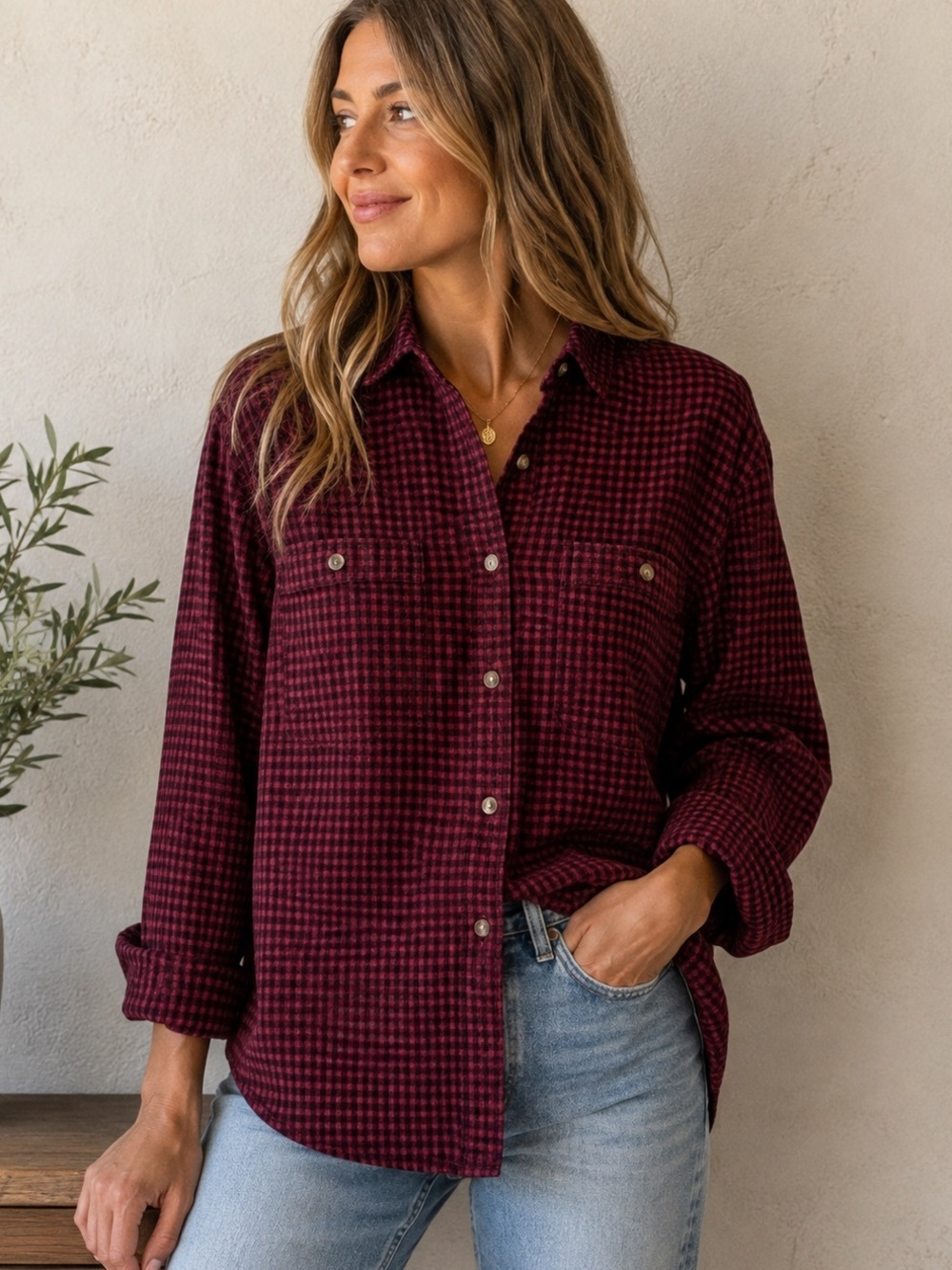 Faherty sz S red black checked super soft long sleeve button down shirt GVUC